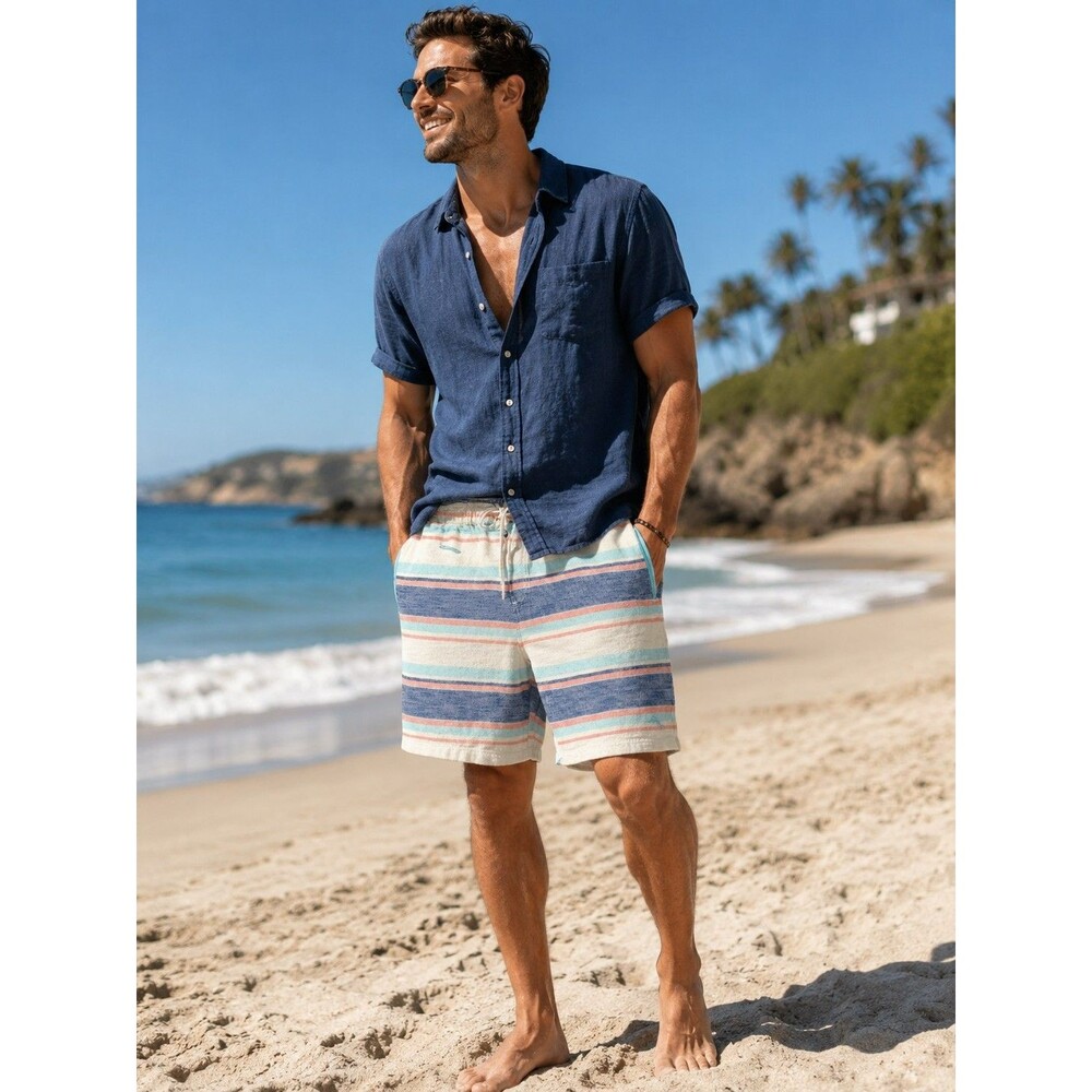 Tommy Bahama Men’s Striped Lounge Shorts Large Blue Pink Cream Drawstring Cotton